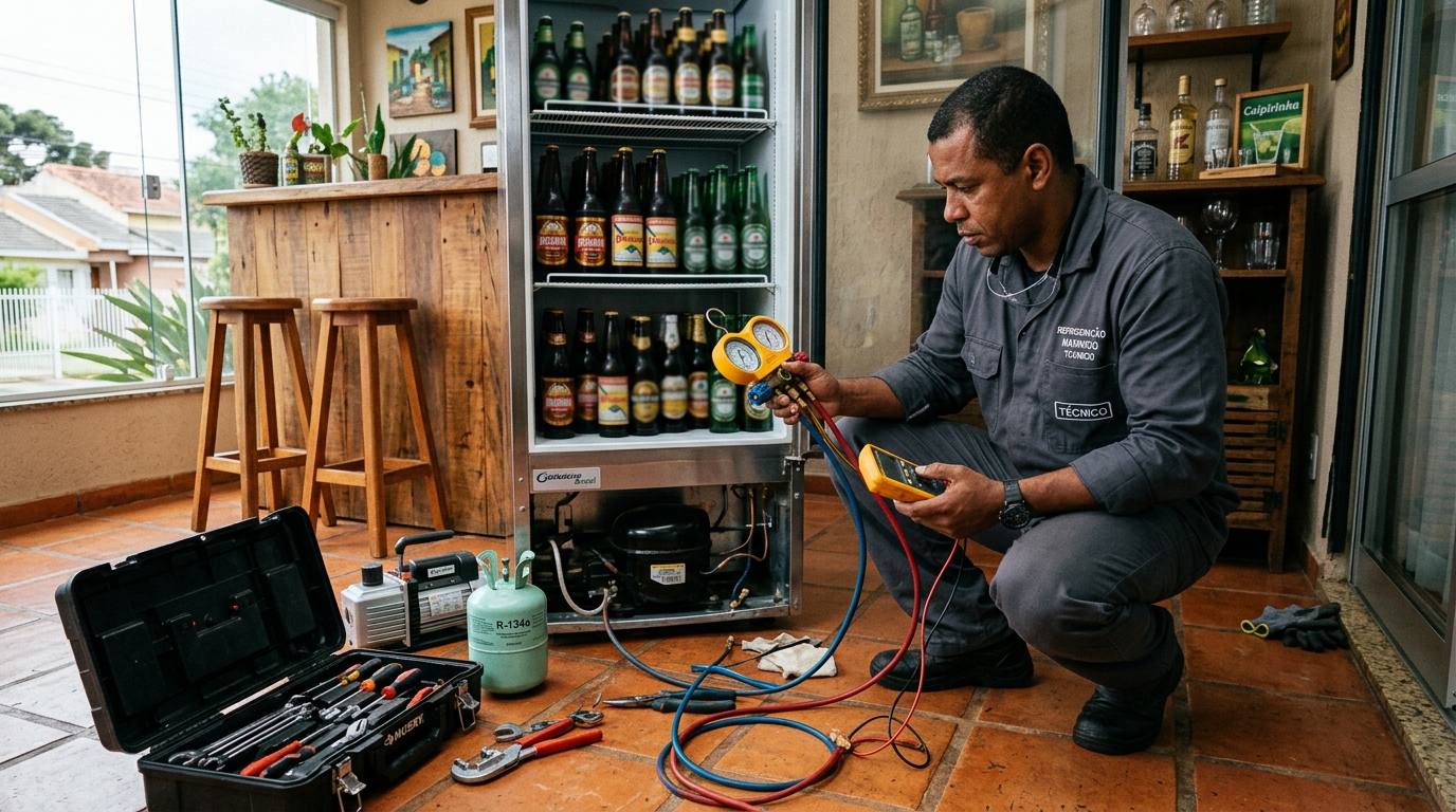 Profissional executando reparo no motor de cervejeira em Passo Fundo‑RS