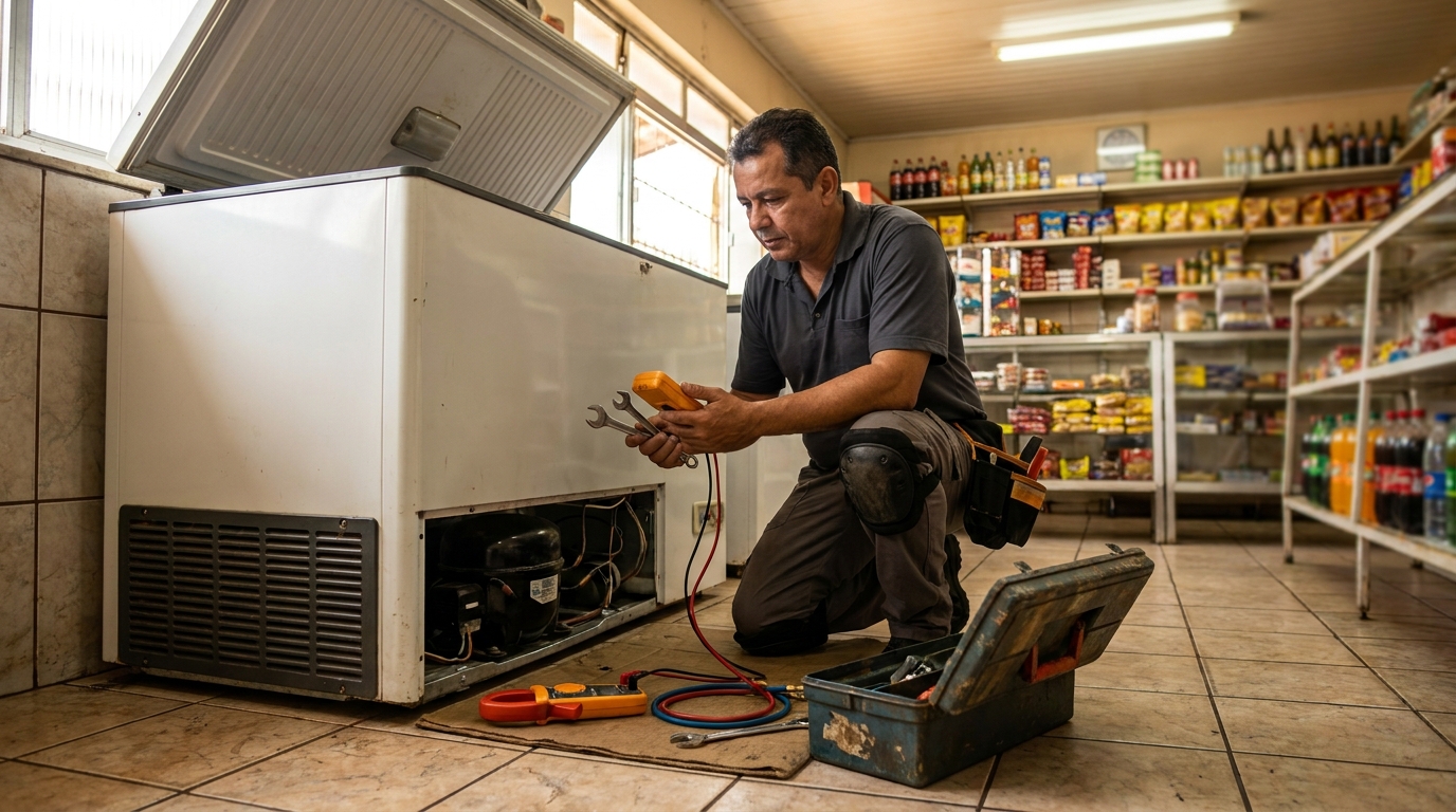 Profissional executando manutenção no motor de freezer em Passo Fundo‑RS